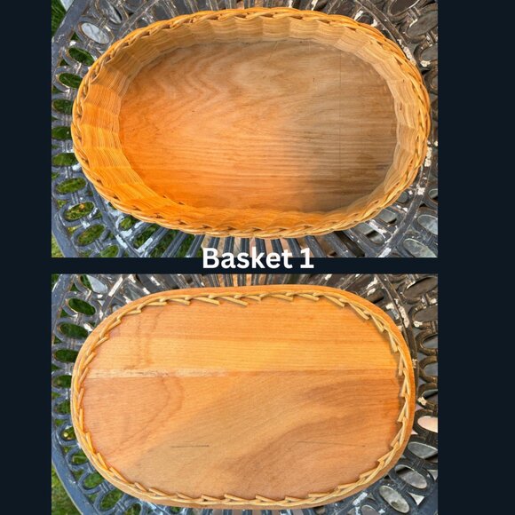 Vintage Wicker Basket Set of 3 Oval Shaped Boho Storage Bins with Wood Bases - Picture 7 of 11